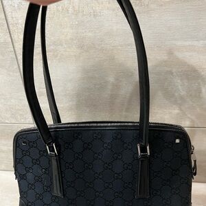 Authentic Gucci Monogram Shoulder Handbag with Silver Accents